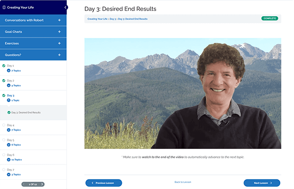 robert-fritz-creating-your-life-tiny Snapshot of Creating Your Life Course dashboard with a video featuring Robert Fritz teaching the course.
